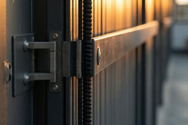 钢质隔音门三道密封条压接部位特写,某公安局办案区走廊侧视角度,暖黄色灯光勾勒门缝闭合轮廓