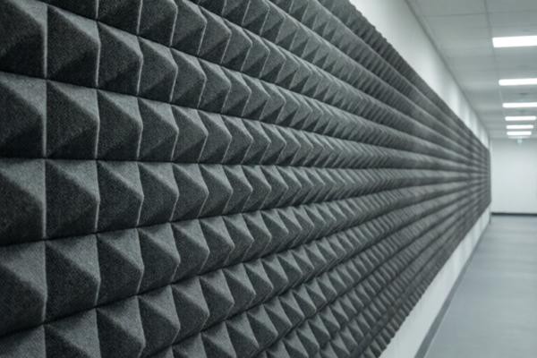 布艺吸声软包三角形凸起面料近景，安装于某市办案区走廊墙面，边角1.5厘米切角收边整齐，冷白灯光均匀