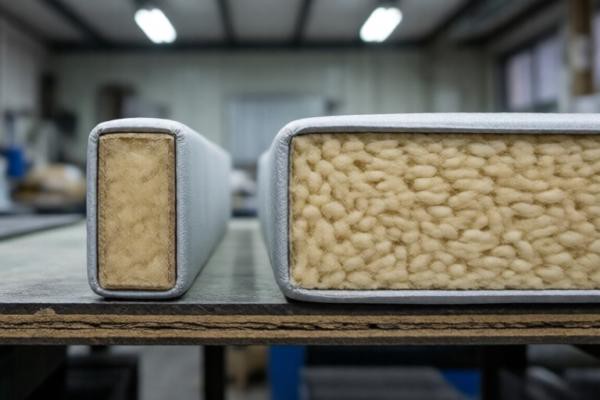 20mm与50mm两种厚度防撞软包截面并排对比，车间台面上可见挤塑棉芯材细密结构，顶灯照明
