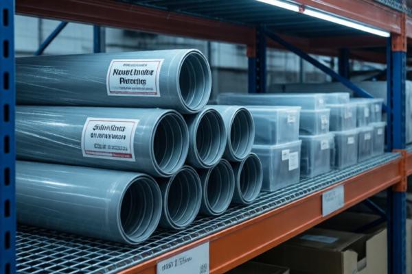 整洁的成品隔音下水管堆放在仓库货架上，标签清晰可见，旁边摆放着不同规格的配件盒，冷色调灯光营造专业工业氛围
